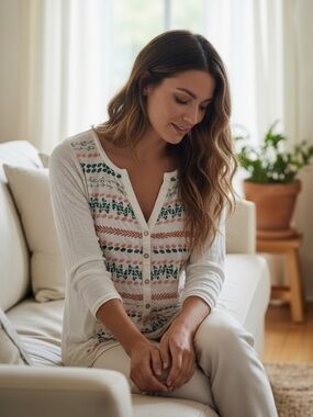 Bob Timberlake White Embroidered Henley Top Boho Cottagecore Floral Size L